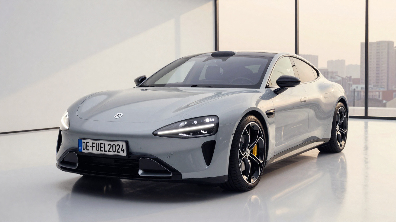 Voiture électrique sportive grise, vue avant trois-quarts dans un showroom lumineux avec grandes fenêtres.