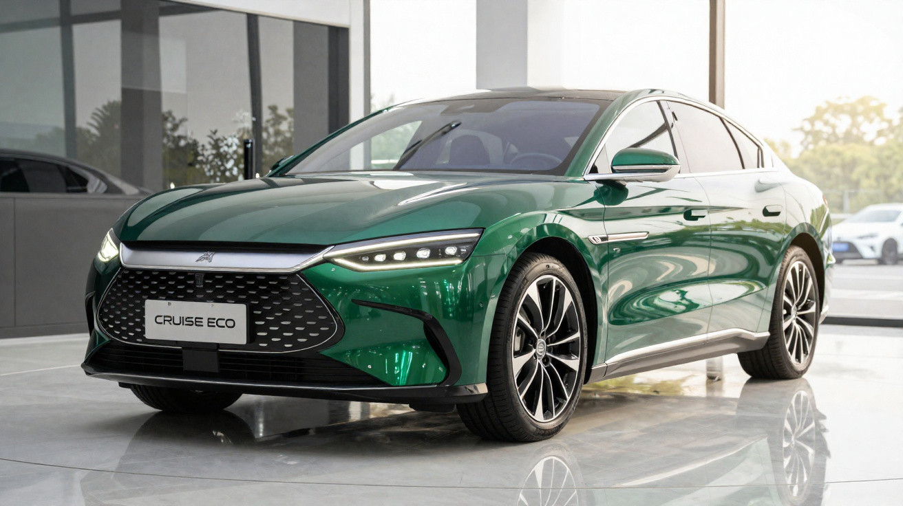 Voiture berline électrique verte brillante avec phares LED, roues alliage, dans un showroom moderne.