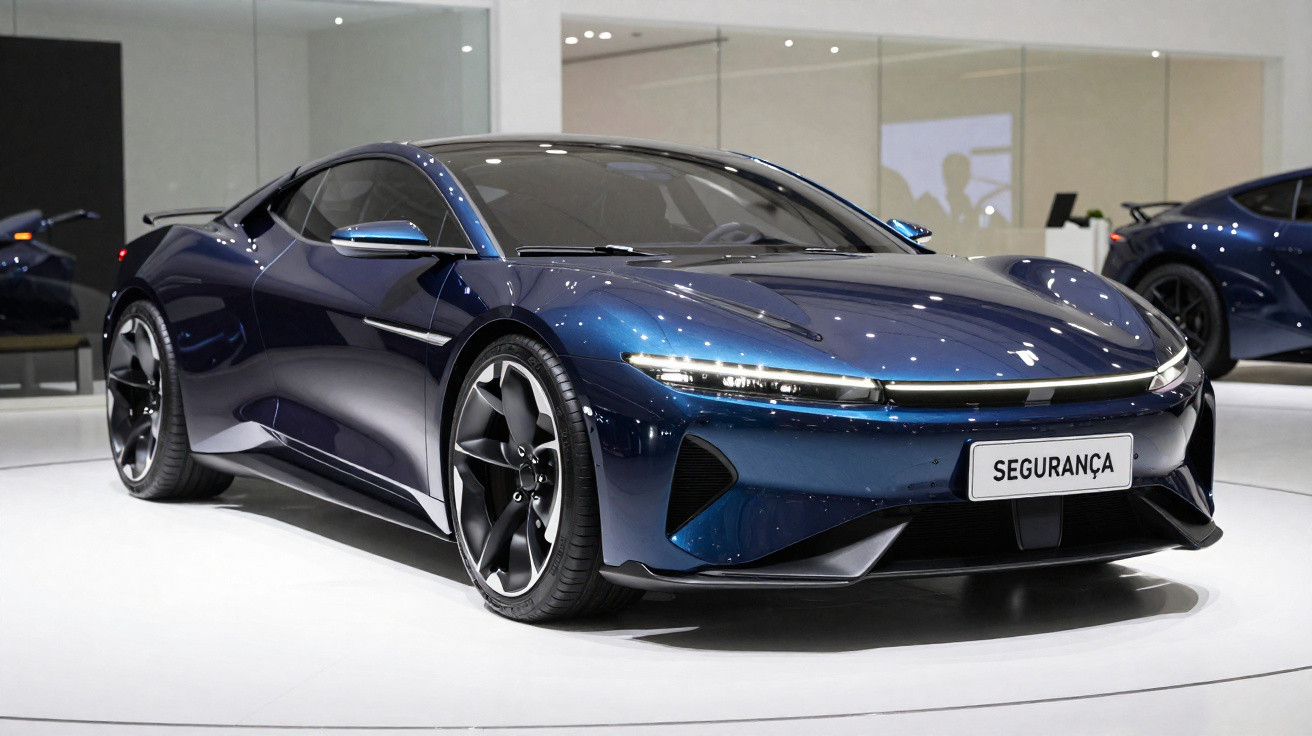 Voiture de sport électrique bleue exposée en intérieur avec surface brillante et plaque "SEGURANÇA".