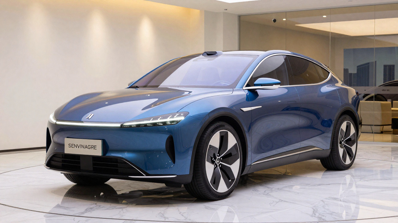 Voiture électrique compacte bleue au design futuriste exposée dans un showroom lumineux et moderne.