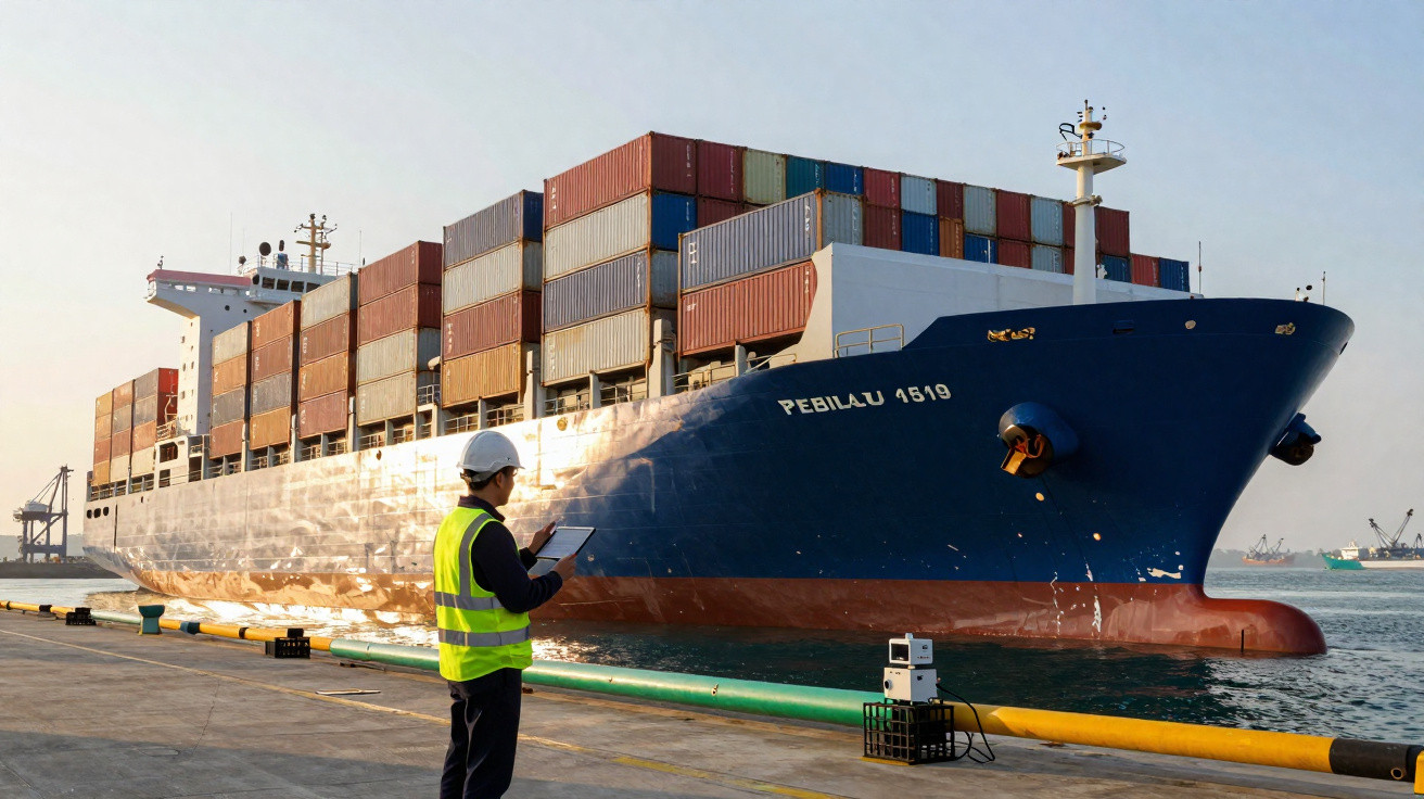 Homme avec casque et gilet réfléchissant vérifiant un cargo avec conteneurs au port au coucher du soleil.