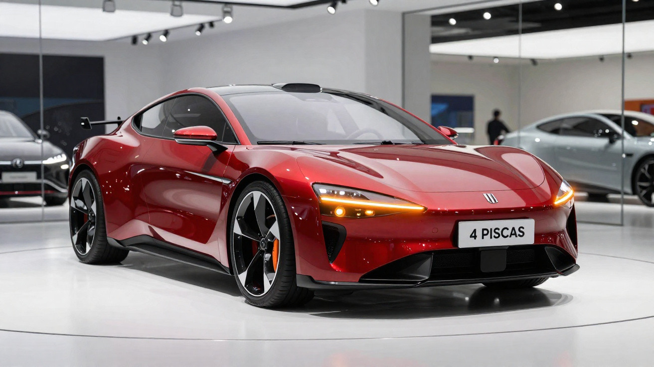 Voiture de sport rouge brillant avec feux allumés exposée dans un showroom moderne et épuré.