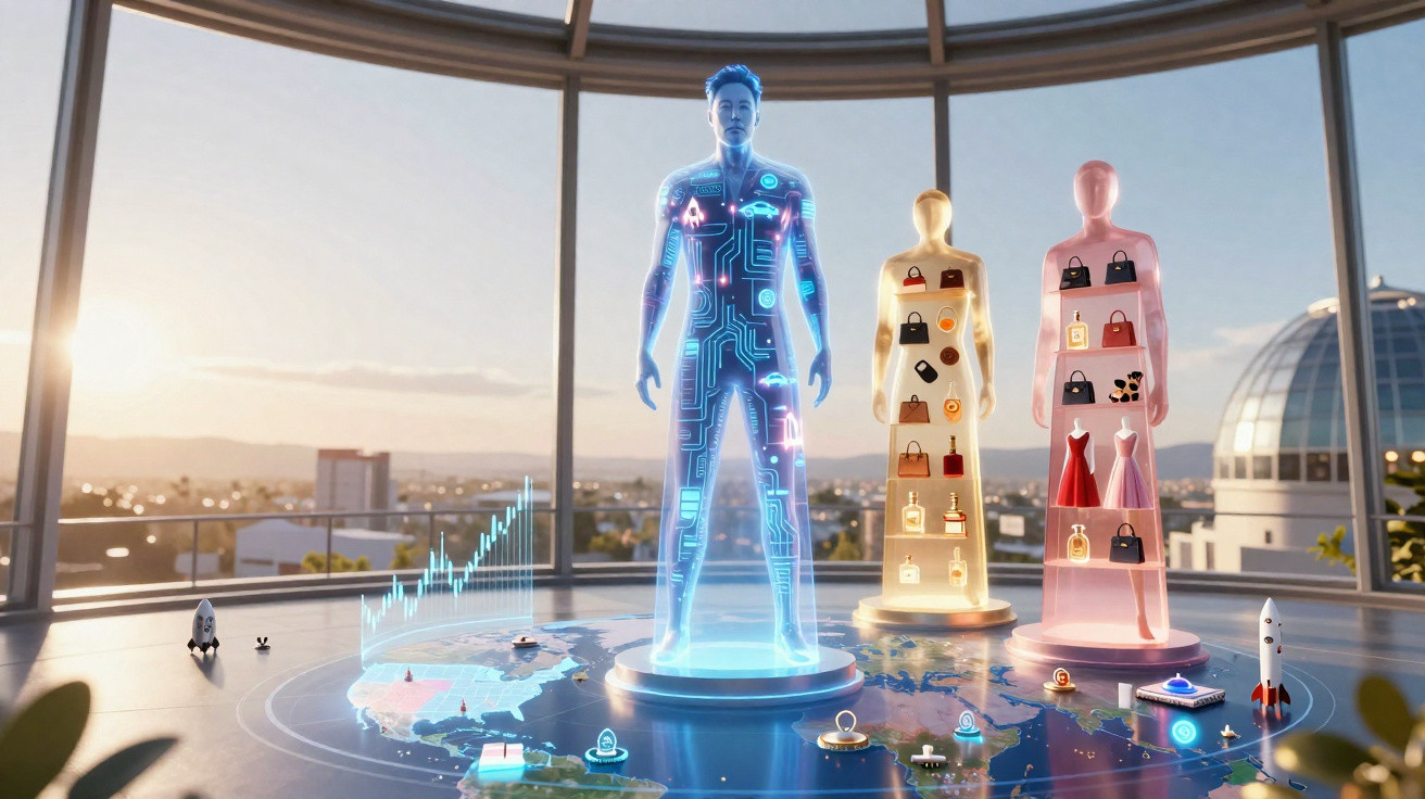 Trois mannequins futuristes lumineux symbolisant les données et comportements des consommateurs dans un décor moderne.