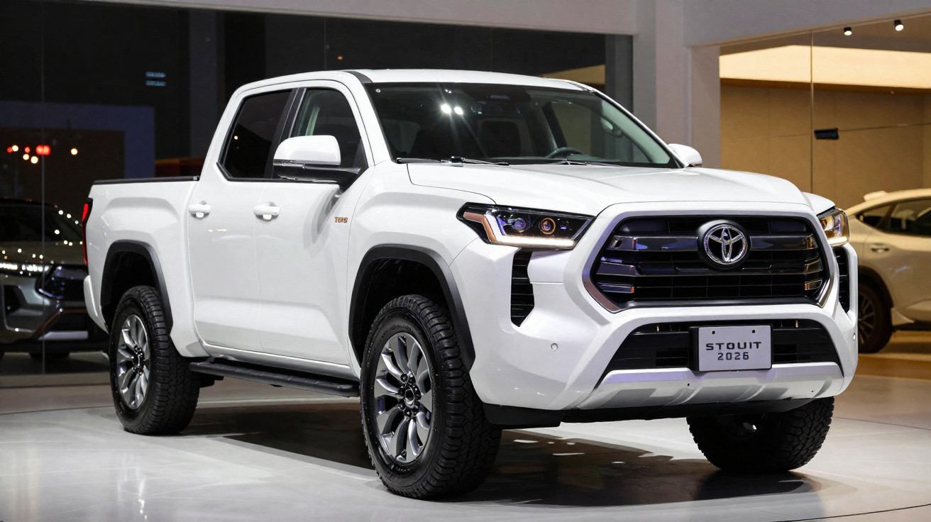 Pick-up blanc Toyota Stout 2026 exposé en intérieur sur sol brillant.