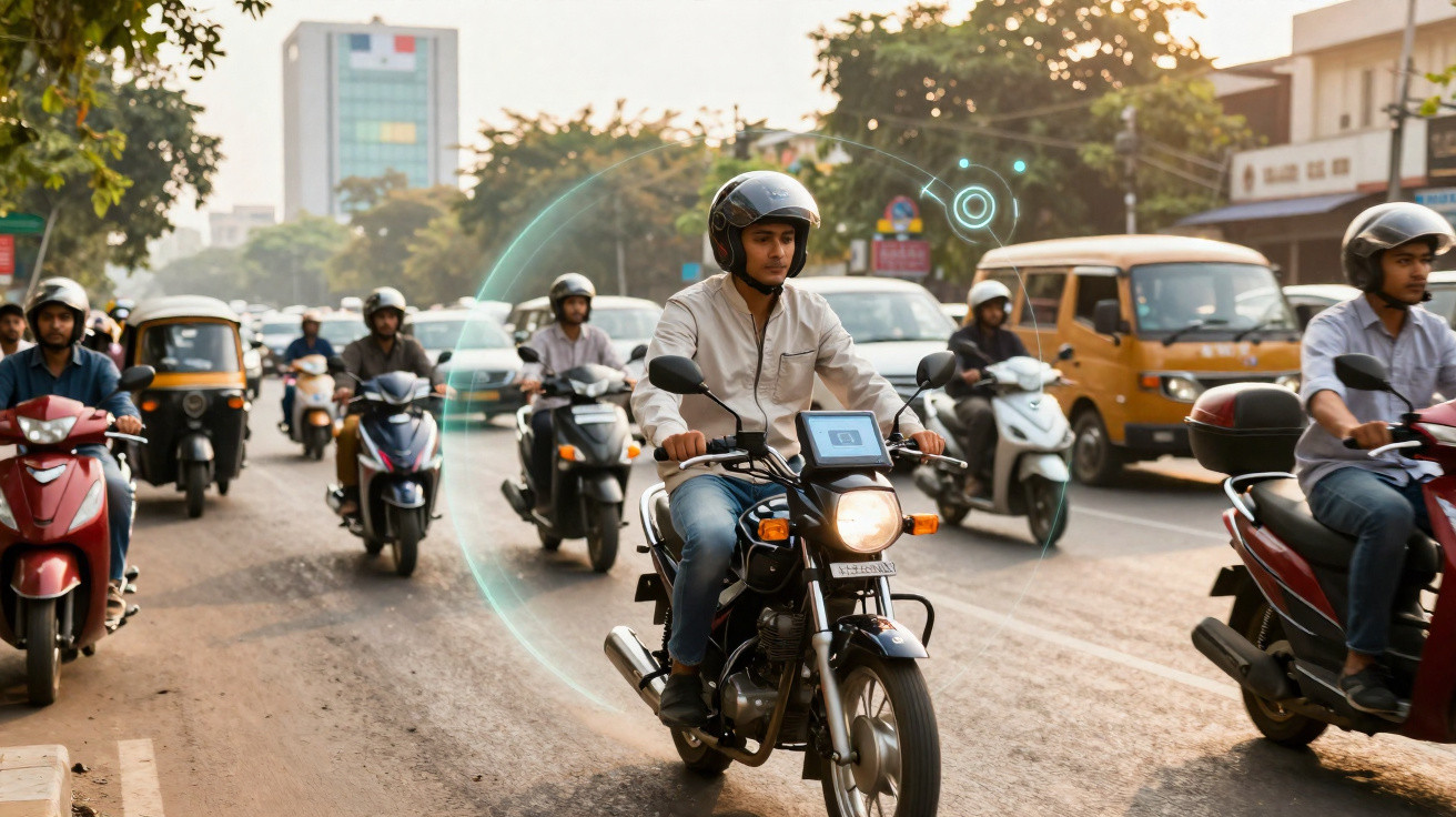 Des motards portant des casques circulent sur une route urbaine animée au coucher du soleil.