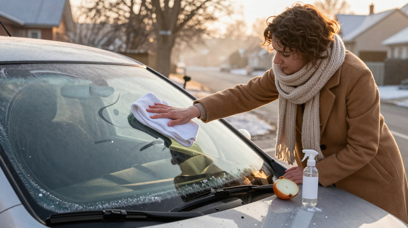 Une femme nettoie le pare-brise givré d'une voiture avec un chiffon et une bouteille de spray.