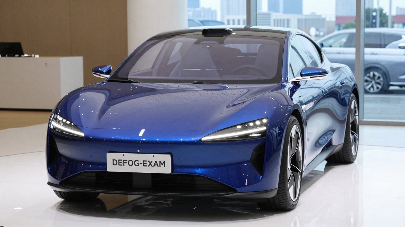 Voiture électrique sportive bleue brillante exposée en intérieur avec éclairage LED et plaque DEFOG-EXAM.