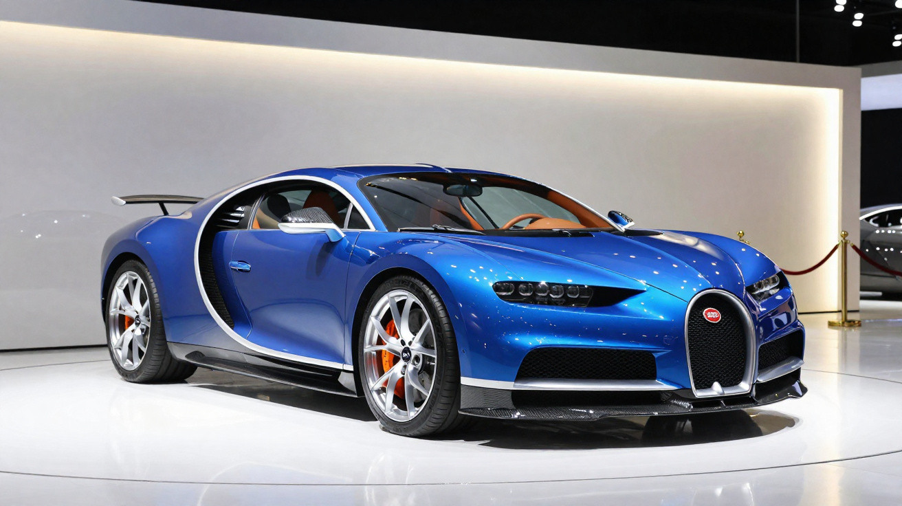 Voiture de sport Bugatti Chiron bleu exposée sur un podium blanc avec arrière-plan minimaliste.