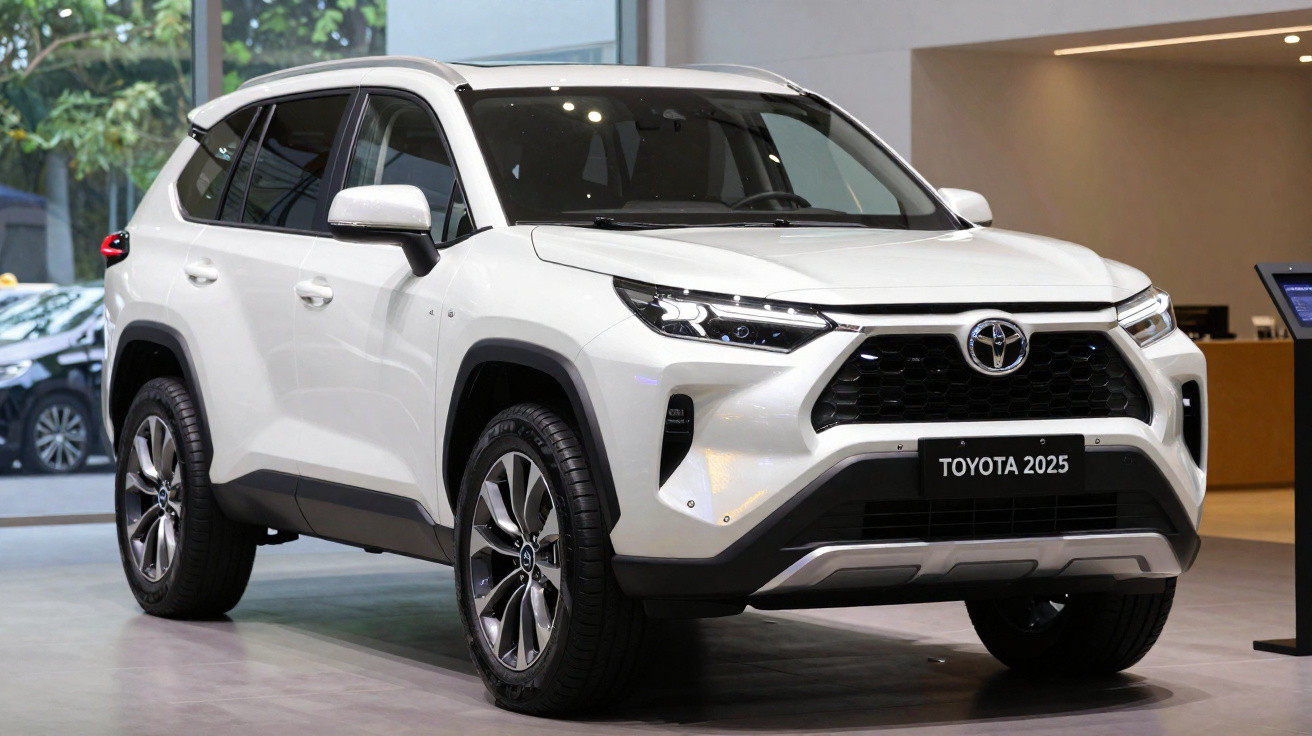 SUV Toyota blanc 2025 exposé en intérieur avec design moderne et phares LED.