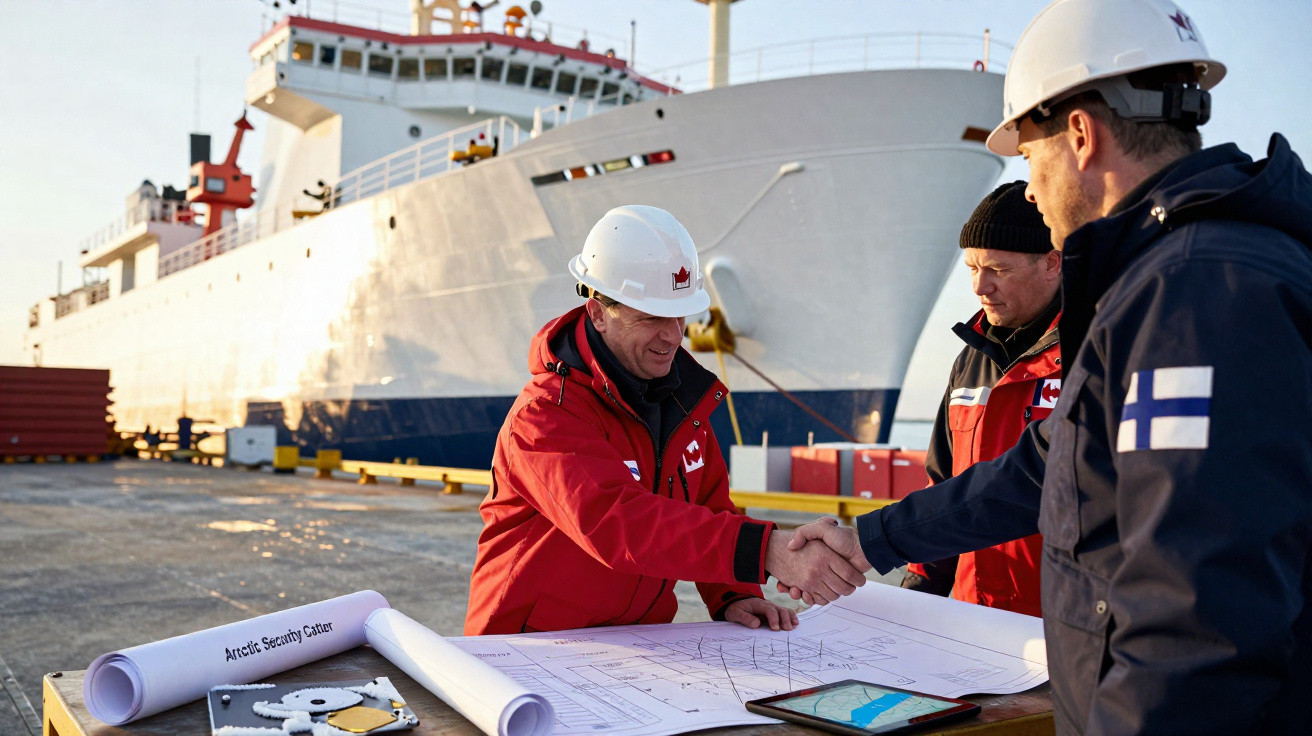 Trois hommes en tenue de travail et casques se serrant la main devant un grand navire au port avec plans et tablette.