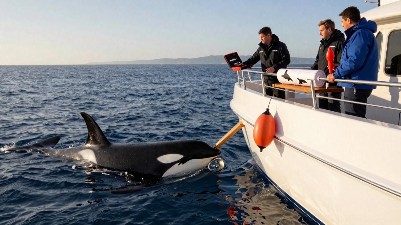 Trois hommes sur un bateau interagissent avec une orque tenant une sphère sous l'eau.