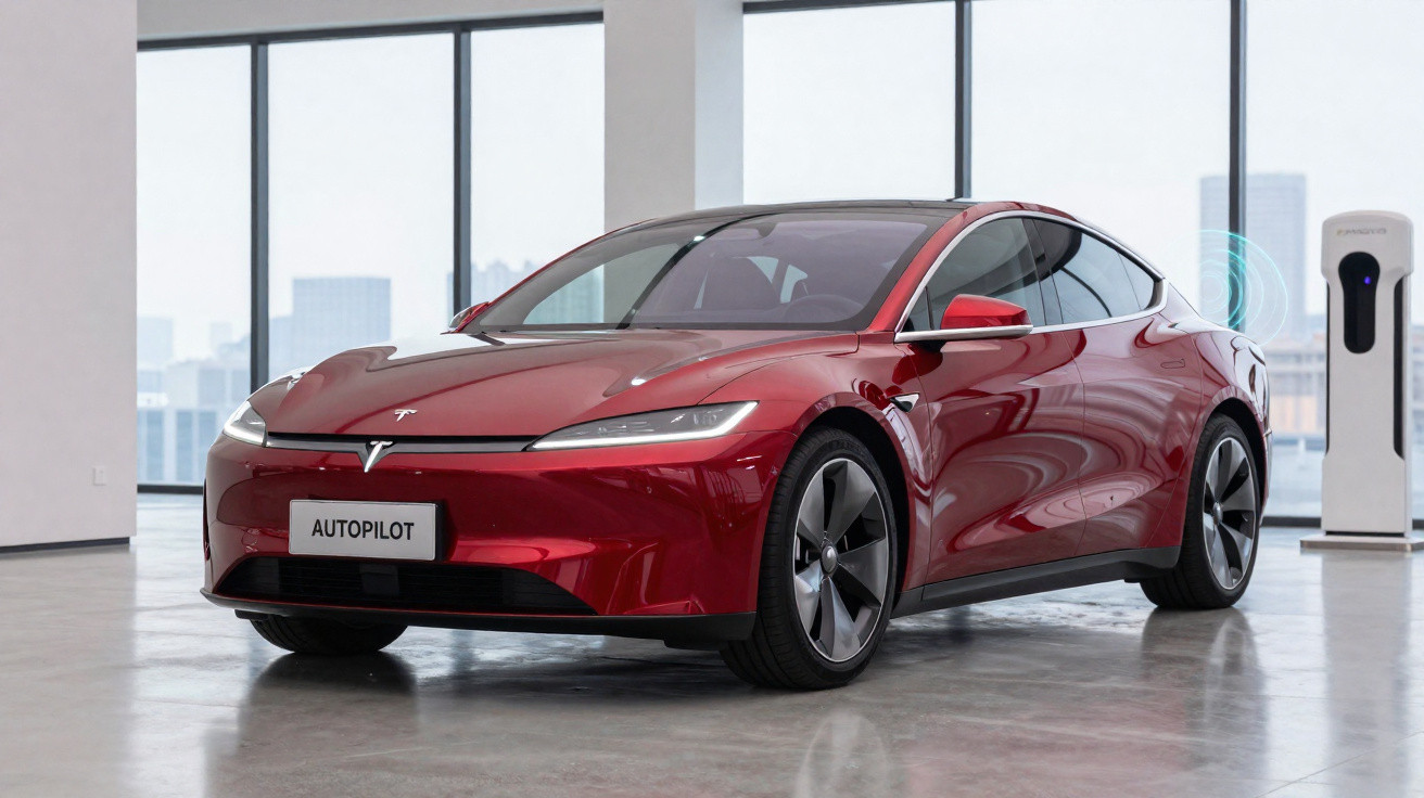 Voiture électrique rouge Tesla Model S en charge dans un espace lumineux avec grandes fenêtres.