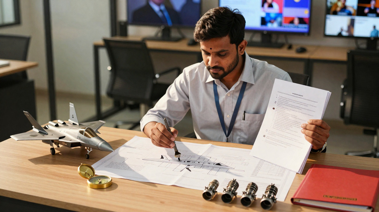 Homme travaillant sur un plan d’avion avec maquette, documents et pièces mécaniques sur une table en bureau.