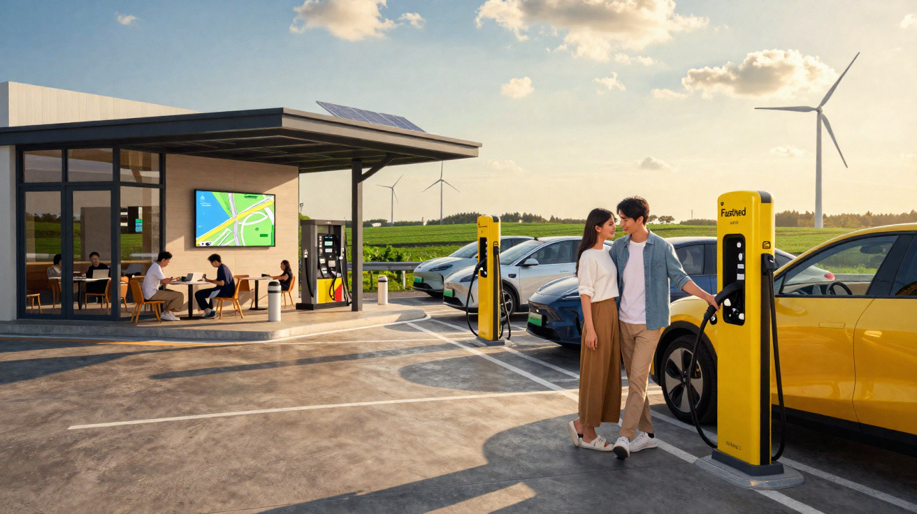 Station de recharge pour voitures électriques avec un couple, clients et éoliennes en arrière-plan.