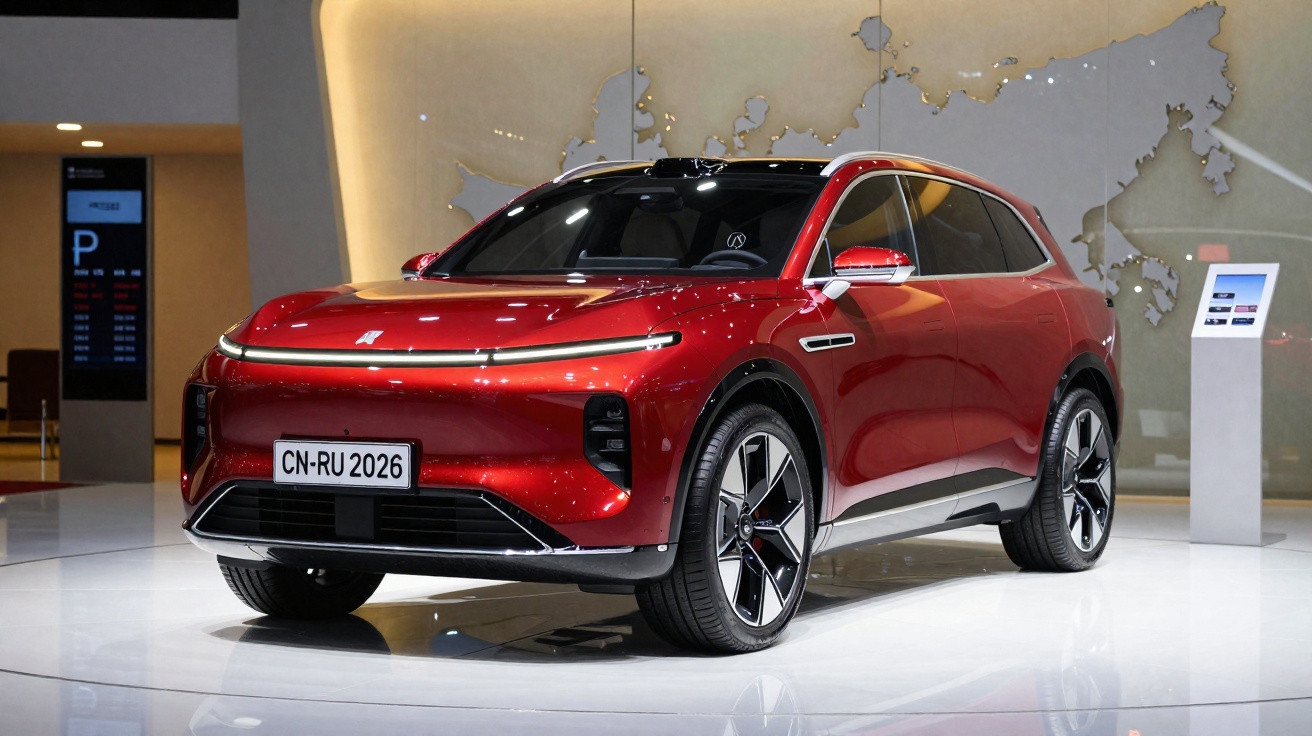 SUV électrique rouge exposé en intérieur avec carte murale en arrière-plan, design moderne et roues larges.