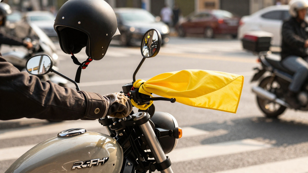 Motard avec casque noir et foulard jaune tenant le guidon d'une moto grise en ville au passage piéton.