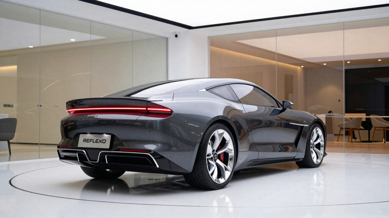 Voiture de sport grise moderne garée dans un showroom lumineux avec des murs en verre et un sol blanc brillant.