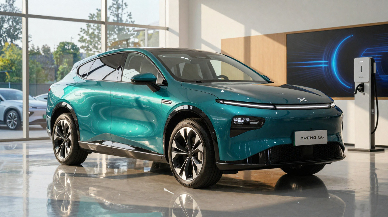 Voiture électrique Xpeng G6 bleu métallique exposée dans un showroom lumineux avec une borne de recharge.