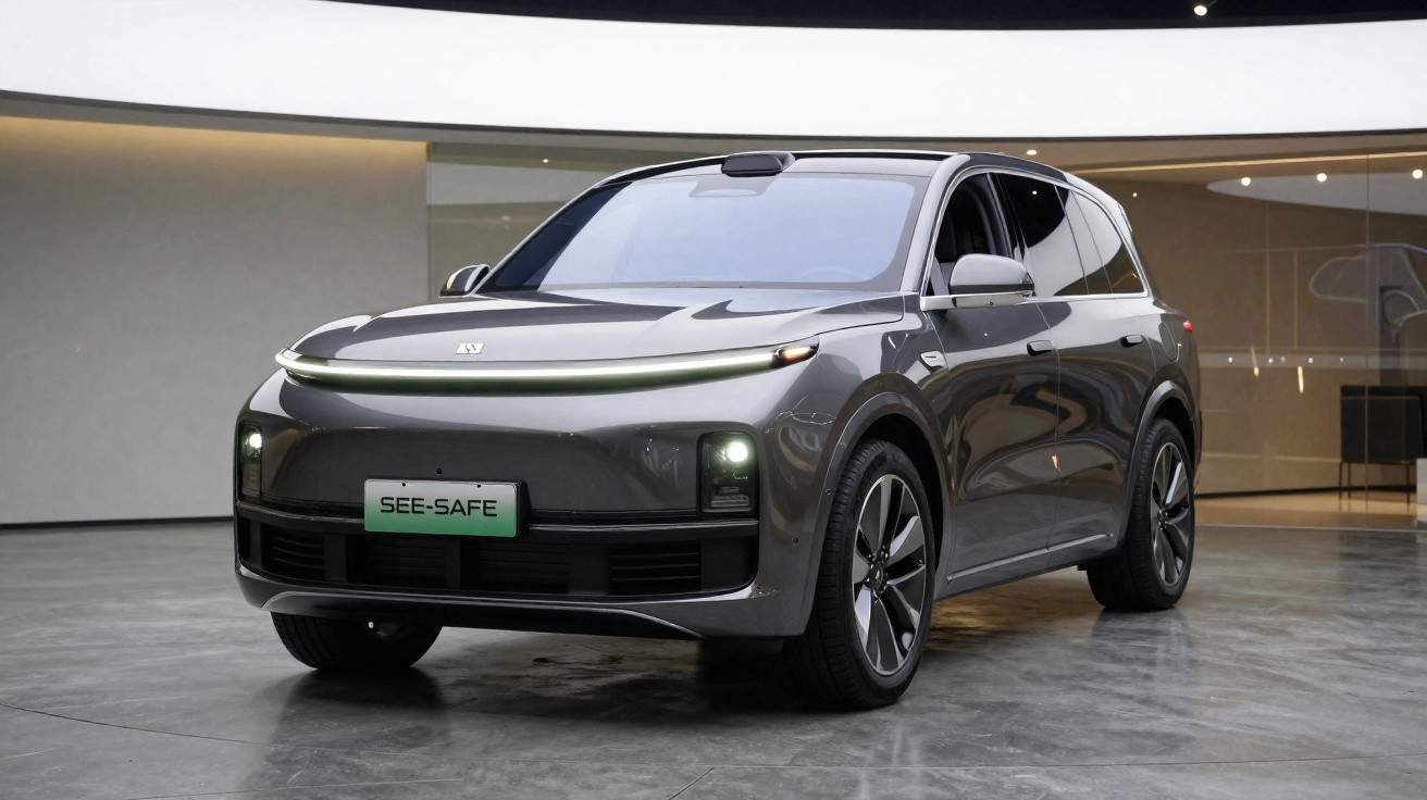 Voiture électrique grise moderne avec phares allumés, stationnée dans un showroom contemporain lumineux.