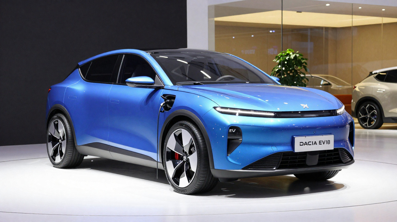 Voiture électrique bleue Dacia EV18 exposée en showroom avec un design moderne et des phares allumés.