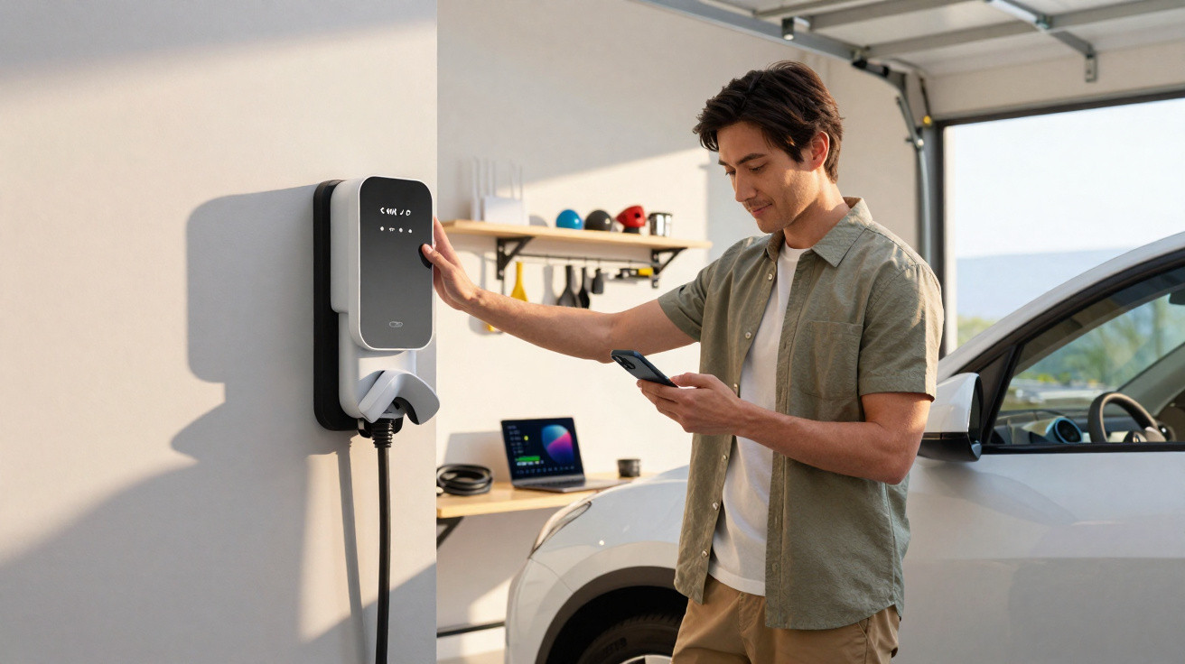 Homme dans un garage utilisant un smartphone près d'une borne de recharge pour voiture électrique blanche.