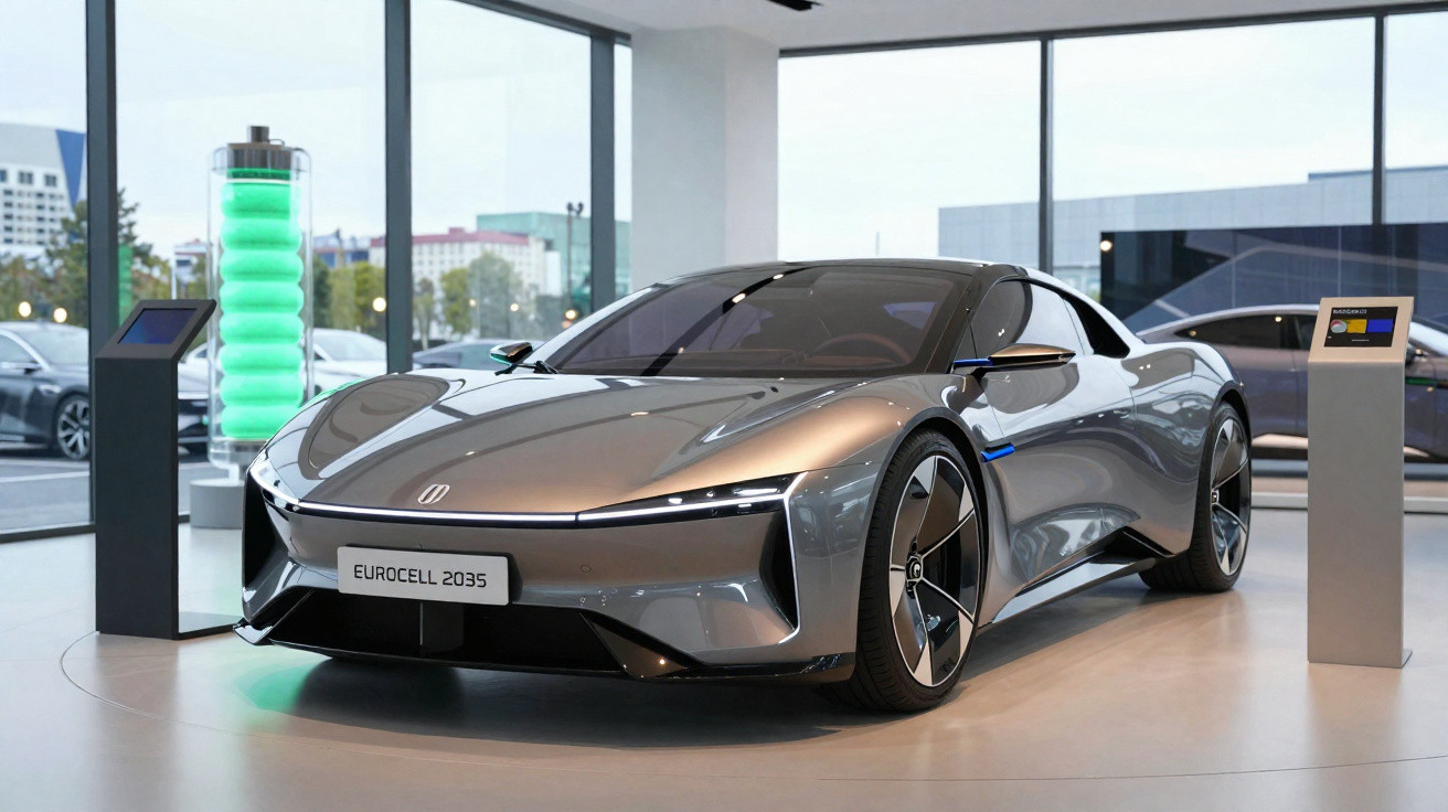 Voiture sportive électrique grise Eurocell 2035 exposée dans un showroom moderne avec grande vitre panoramique.