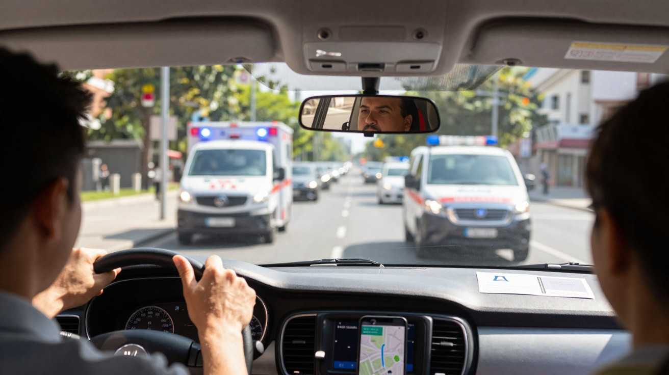 Vue intérieure d’une voiture avec un conducteur, deux ambulances approchent à contresens sur une route urbaine.