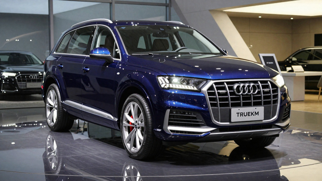 SUV Audi Q7 bleu métallisé exposé en showroom avec jantes aluminium et calandre imposante.