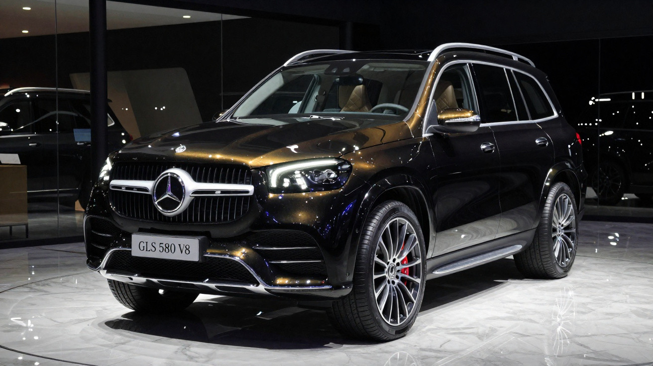 Mercedes GLS 580 V8 noire brillante présentée dans un showroom moderne avec sol en marbre.