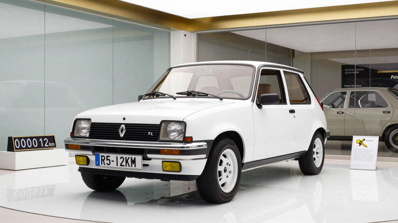 Renault 5 blanche exposée dans un musée avec compteur affichant 12 km, ambiance moderne et éclairage clair.
