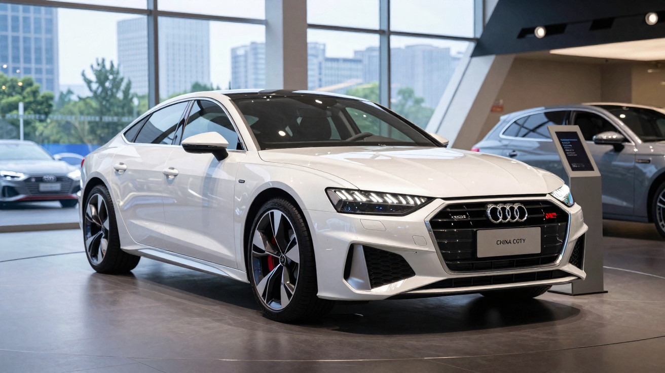 Voiture blanche Audi sport exposée dans un showroom moderne avec un bâtiment urbain en arrière-plan.