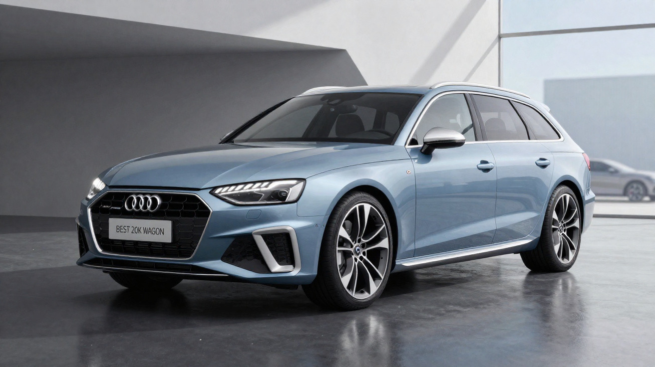 Voiture familiale Audi break bleu métallisé garée dans un garage clair et moderne.