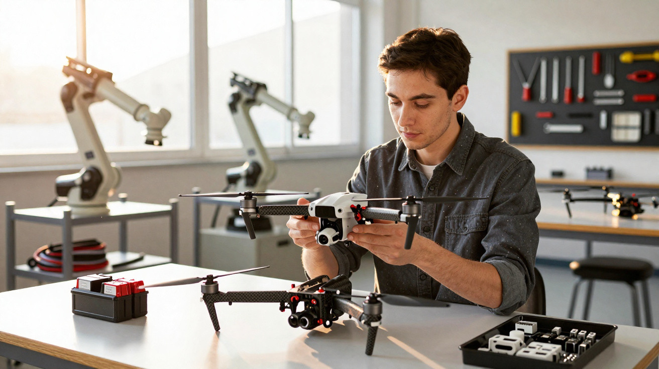 Jeune homme assemble un drone sur une table dans un atelier lumineux avec robots et outils en arrière-plan.