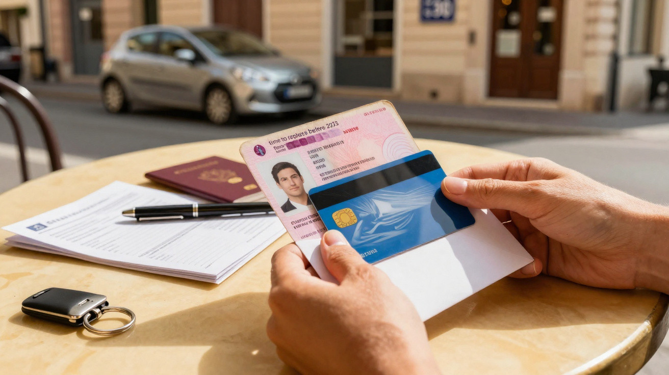 Personne tenant une carte d'identité et une carte bancaire sur une table avec documents et clés de voiture.