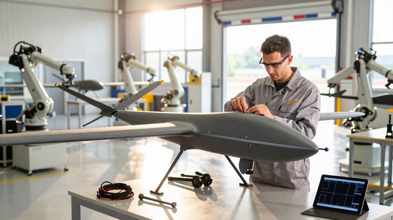 Un ingénieur en blouse assemble un drone sur une table dans un atelier avec des robots industriels en arrière-plan.