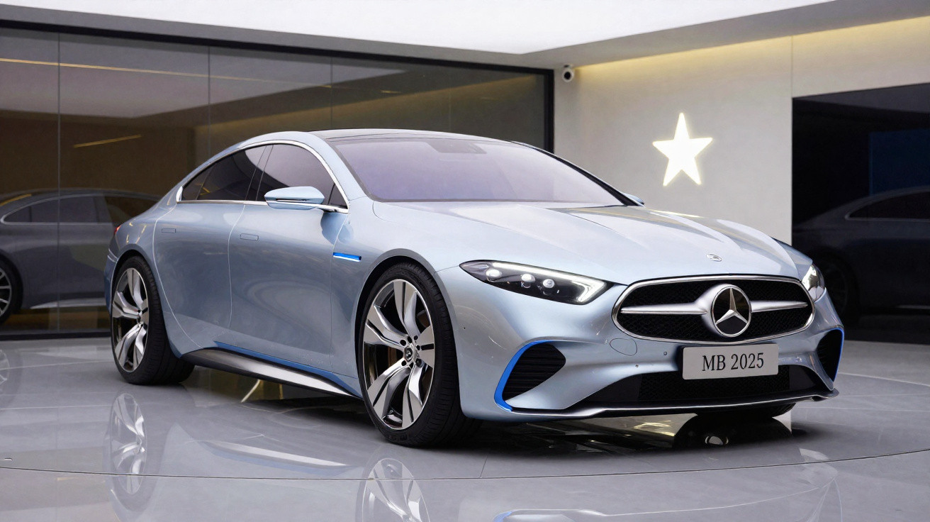 Voiture de luxe Mercedes-Benz argentée avec design futuriste exposée dans un showroom moderne.