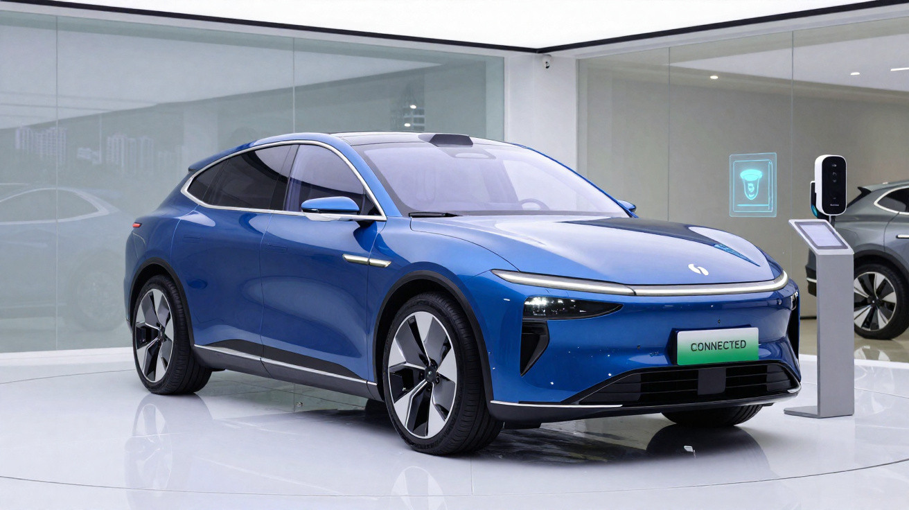 Voiture électrique bleue moderne exposée en showroom avec borne de recharge à côté.