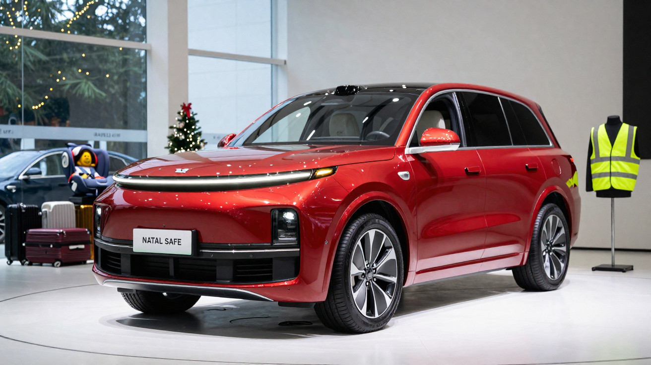 SUV rouge moderne exposé en intérieur avec une plaque d'immatriculation affichant "NATAL SAFEE".