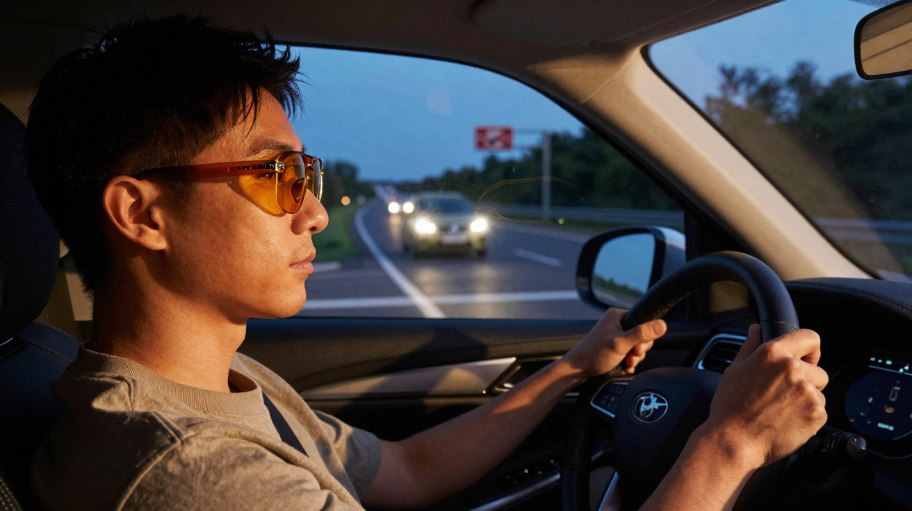 Homme portant des lunettes teintées conduisant une voiture de nuit sur une route avec trafic en sens inverse.