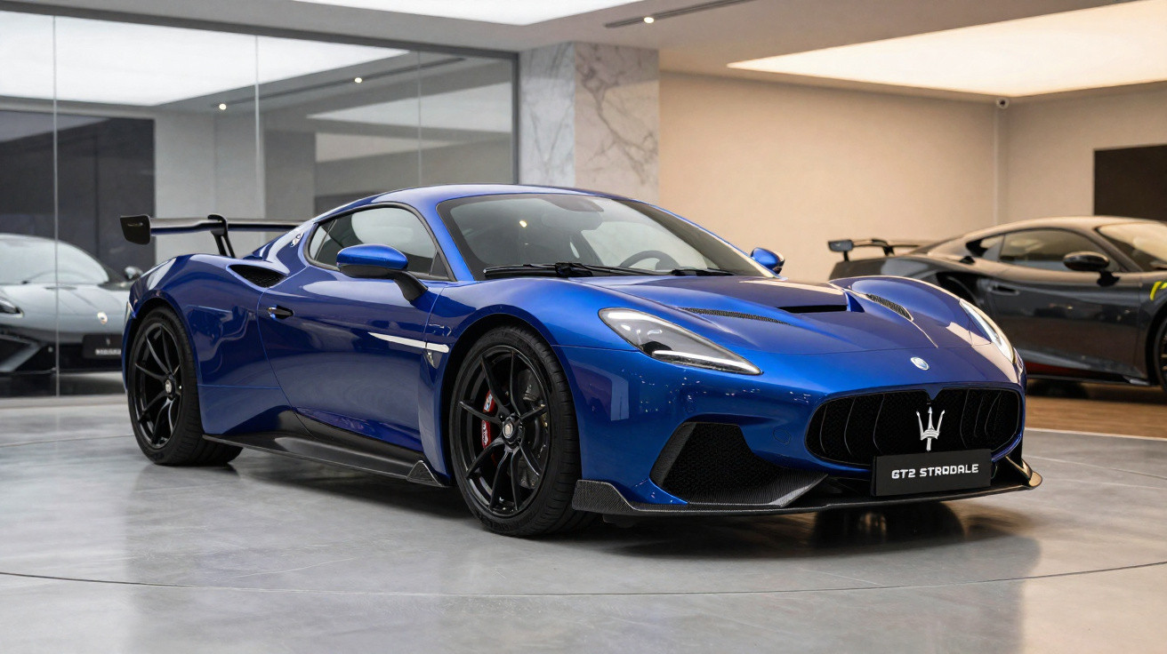 Voiture sportive Maserati GT2 Stradale bleue garée dans un showroom moderne avec d'autres voitures en arrière-plan.