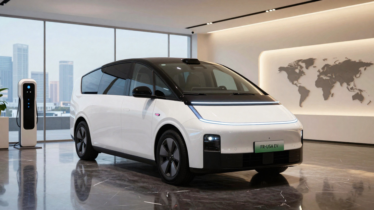 Voiture électrique blanche moderne stationnée près d'une borne de recharge dans un showroom urbain lumineux.