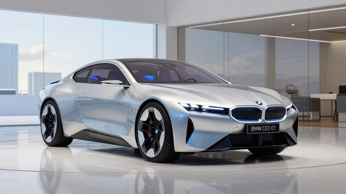 Voiture sportive électrique BMW CEO 01 argentée dans un showroom moderne avec grandes fenêtres.