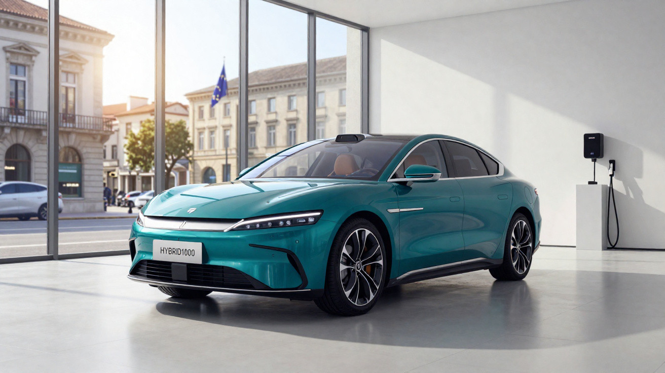 Voiture électrique berline verte garée dans un showroom lumineux avec borne de recharge murale.