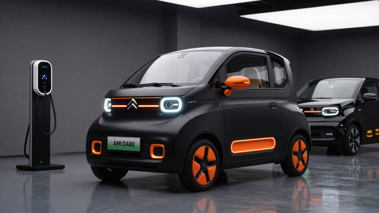 Petite voiture électrique noire et orange en charge dans un garage moderne, avec une autre voiture similaire en arrière-plan.