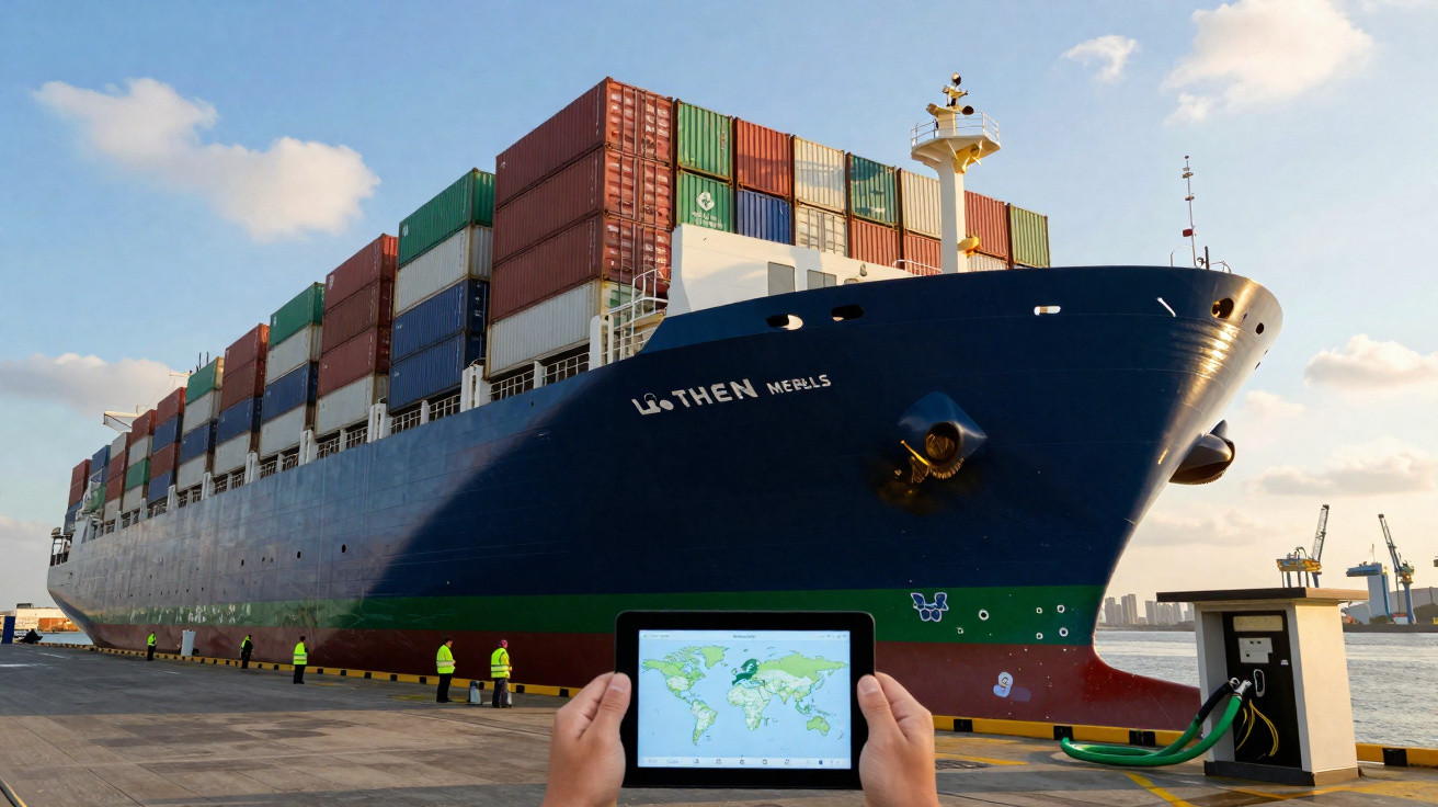 Grand cargo porte-conteneurs amarré au port avec tablette montrant carte du monde en premier plan.