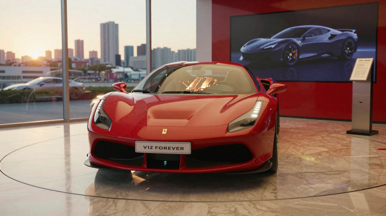 Voiture de sport rouge Ferrari exposée dans une salle avec une image de voiture bleue en arrière-plan.