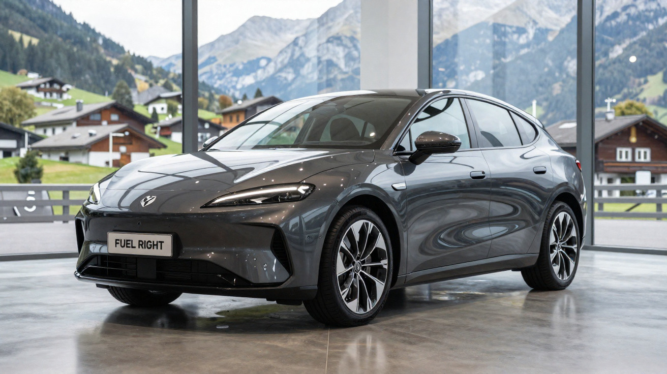 Voiture grise moderne garée à l'intérieur avec grandes fenêtres et montagnes en arrière-plan.