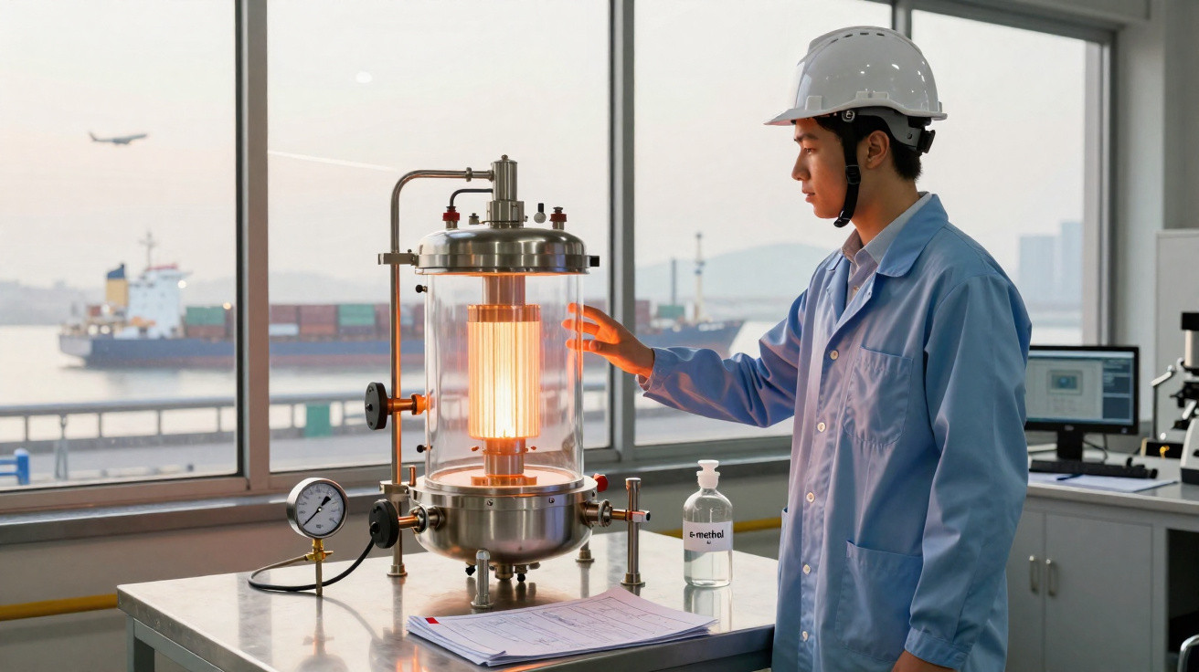 Technicien en blouse et casque manipulant un équipement lumineux dans un laboratoire avec vue sur un port.