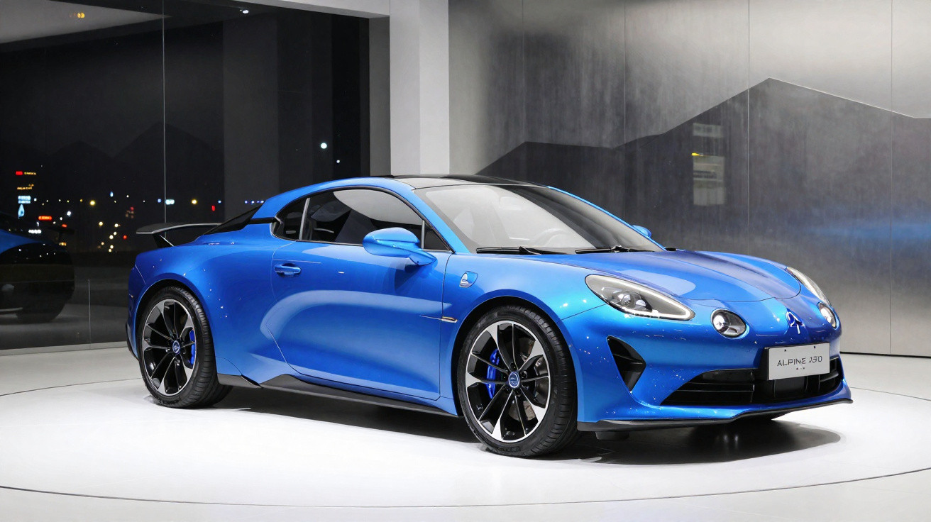 Voiture de sport Alpine A110 bleu métallisé exposée dans un showroom moderne avec éclairage tamisé.