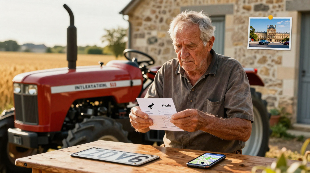 Homme âgé regardant une lettre près d'un tracteur rouge à la campagne, téléphone et plaque d'immatriculation sur une table en